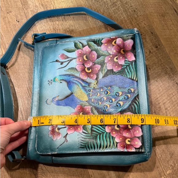Anuschka Peacock Hand-Painted Blue Floral Crossbody Bag - Picture 13 of 15